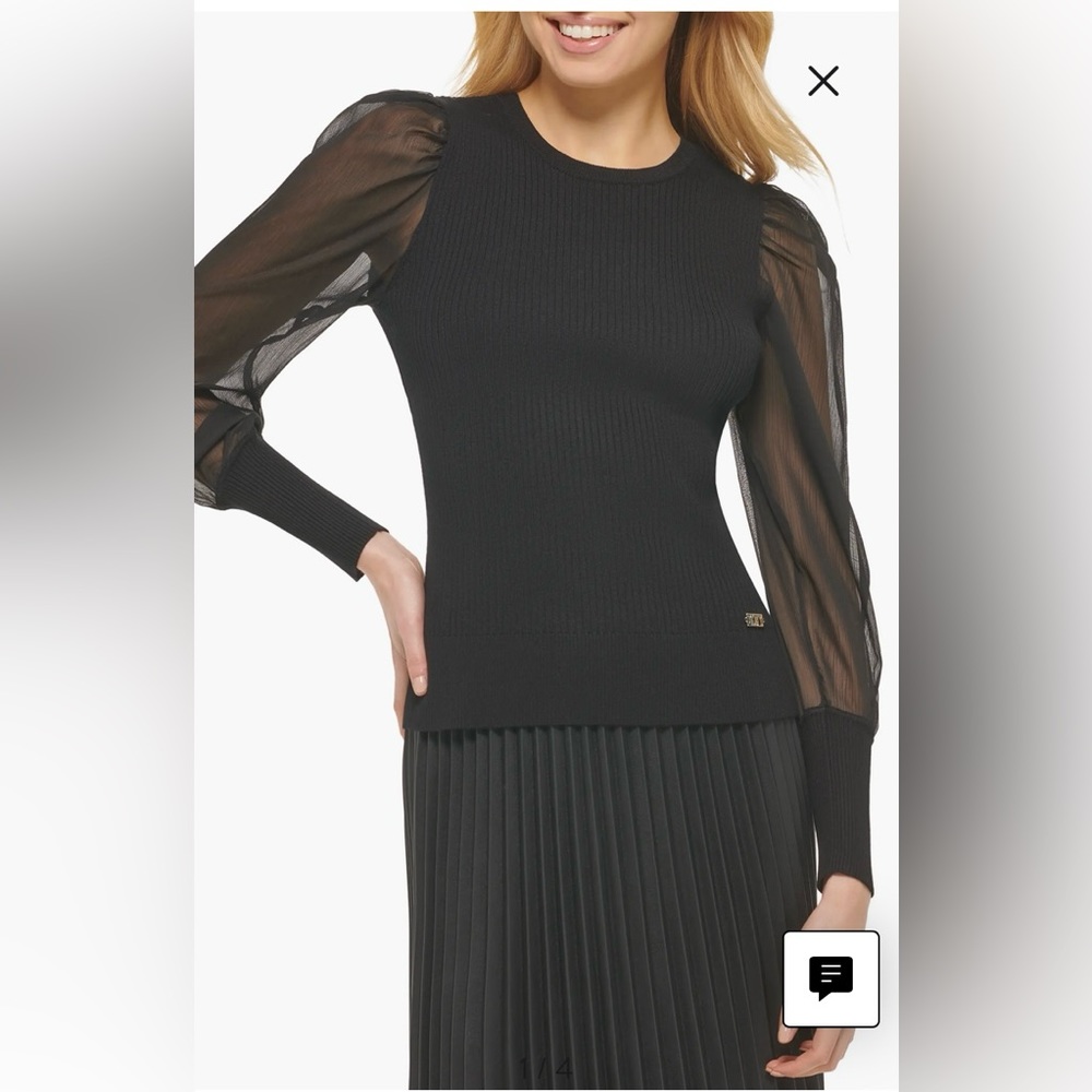 DKYN Sheer Sleeve Ribbed Sweater